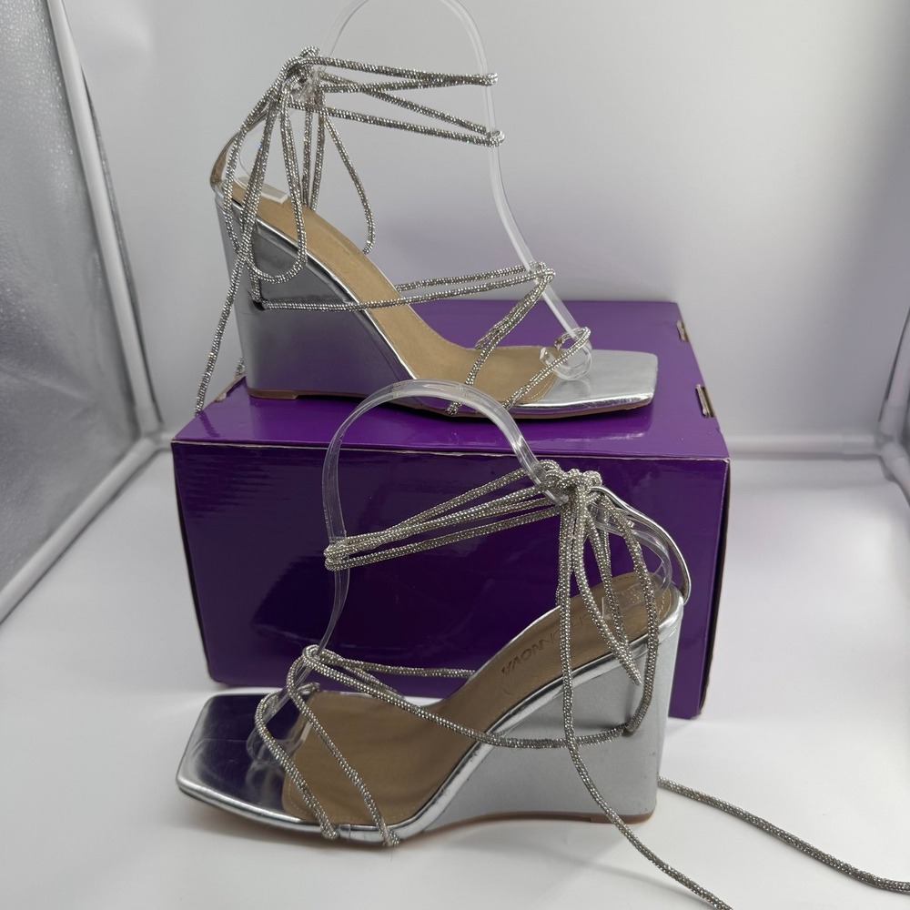 Fashion Nova Twila Silver Metallic Rhinestone Wrap Up Wedge Heels Size 9 - Picture 2 of 12